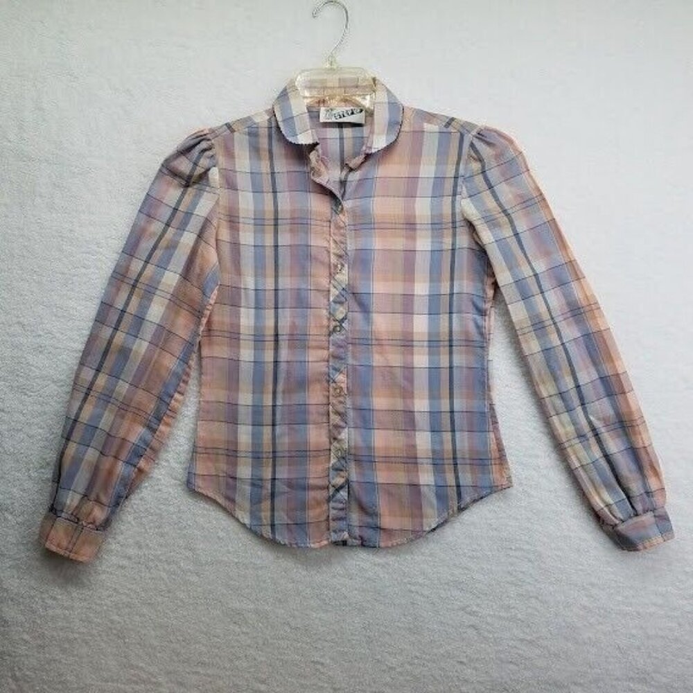 Vintage 80s Step Up Girls Blouse‎ Size 7 Plaid Collar Button Up Long Sleeve